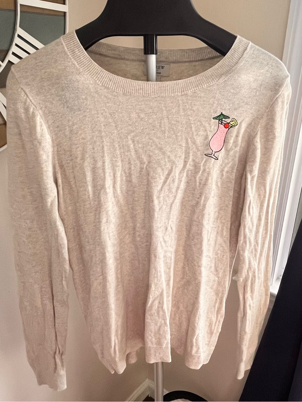 J. Crew Cream Knit Sweater with Pink Cocktail Motif